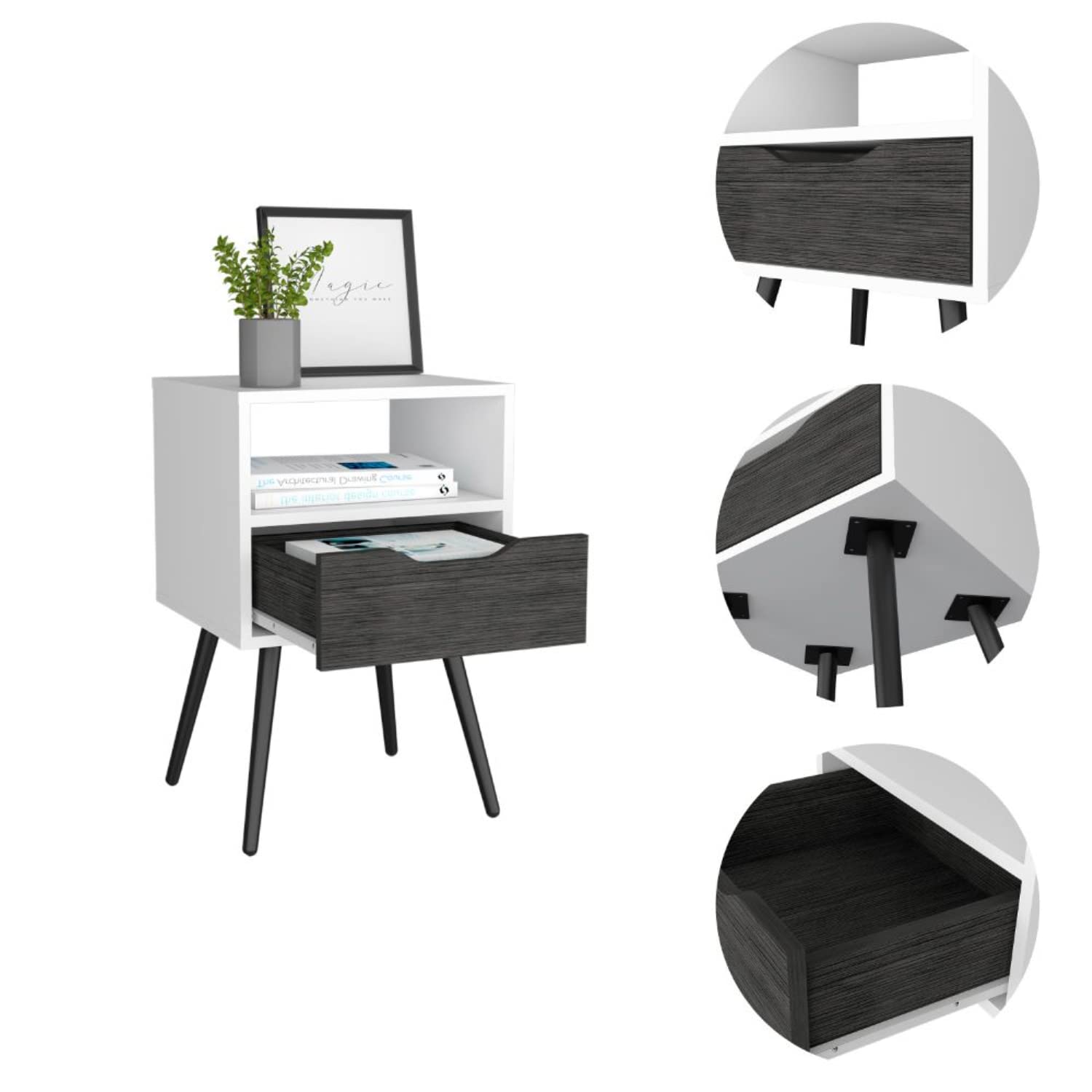 Nightstand 25&Quot; H, Superior Top, 4 Legs, 1 Open Shelf, 1 Drawer, Smokey Oak/White